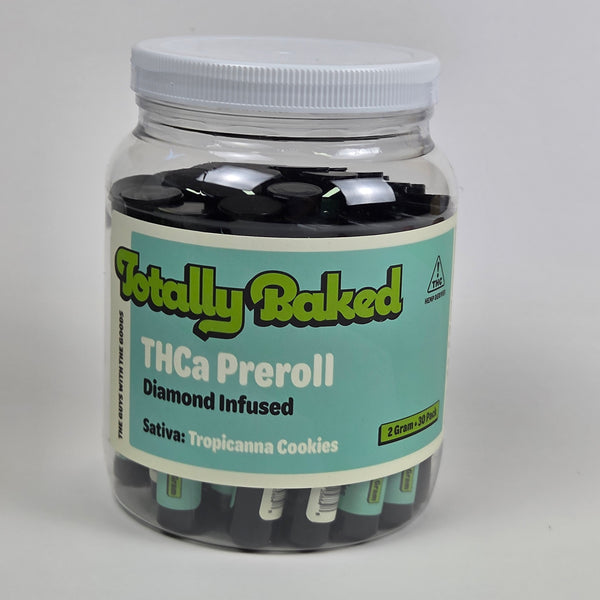 Totally Baked 2g THCa Pre-Roll, Diamond Infused, Tropicana Cookies (sativa) — 2 gram, 30-pack display jar