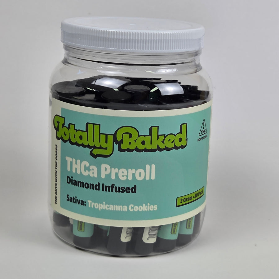 Totally Baked 2g THCa Pre-Roll, Diamond Infused, Tropicana Cookies (sativa) — 2 gram, 30-pack display jar