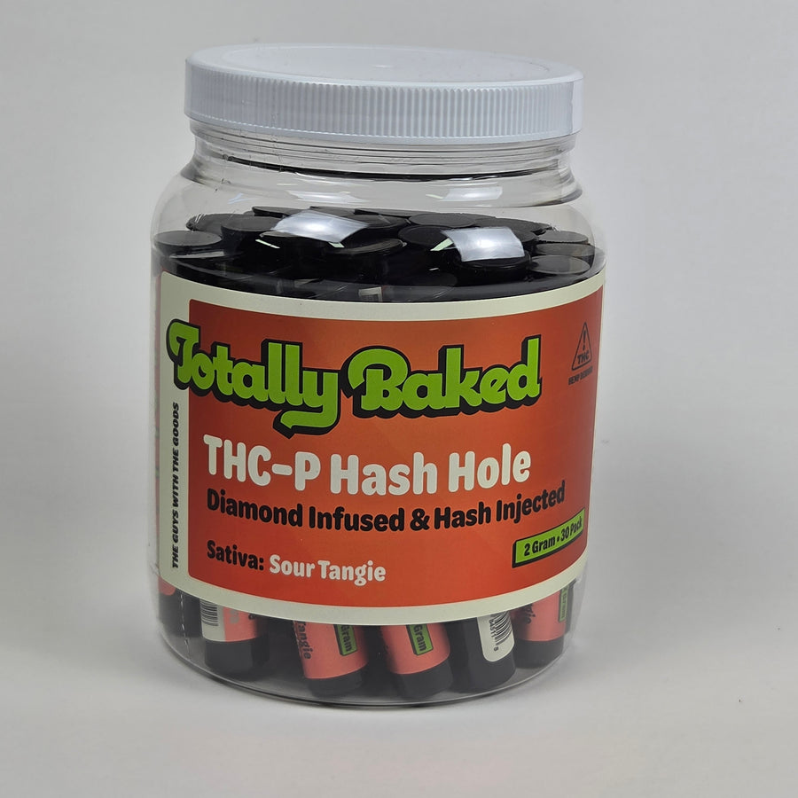 Totally Baked 2g THC-P Hash Hole, Diamond Infused & Hash Injected, Sour Tangie (sativa) — 2 gram, 30-pack display jar
