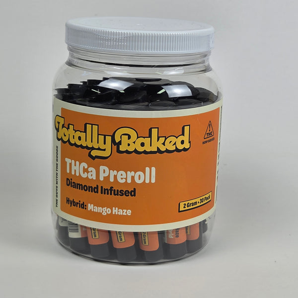 Totally Baked 2g THCa Pre-Roll, Diamond Infused, Mango Haze — 2 gram, 30-pack display jar