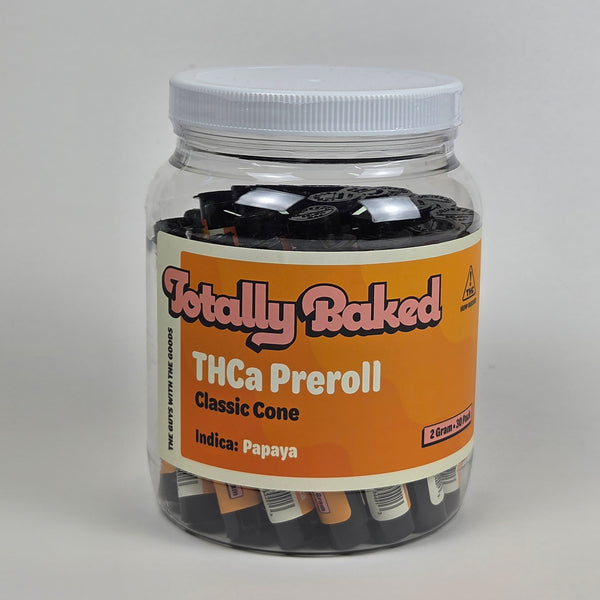 Totally Baked 2g THCa Pre-Roll, Classic Cone, Papaya (indica) — 2 gram, 30-pack display jar