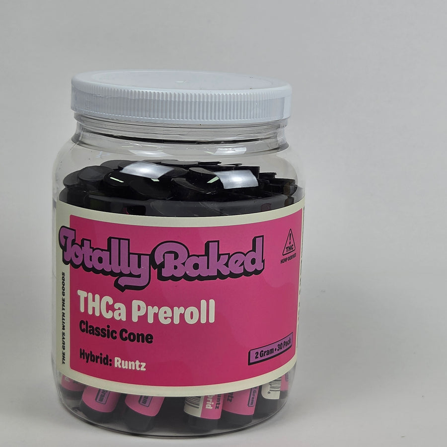 Totally Baked 2g THCa Pre-Roll, Classic Cone, Runtz — 2 gram, 30-pack display jar