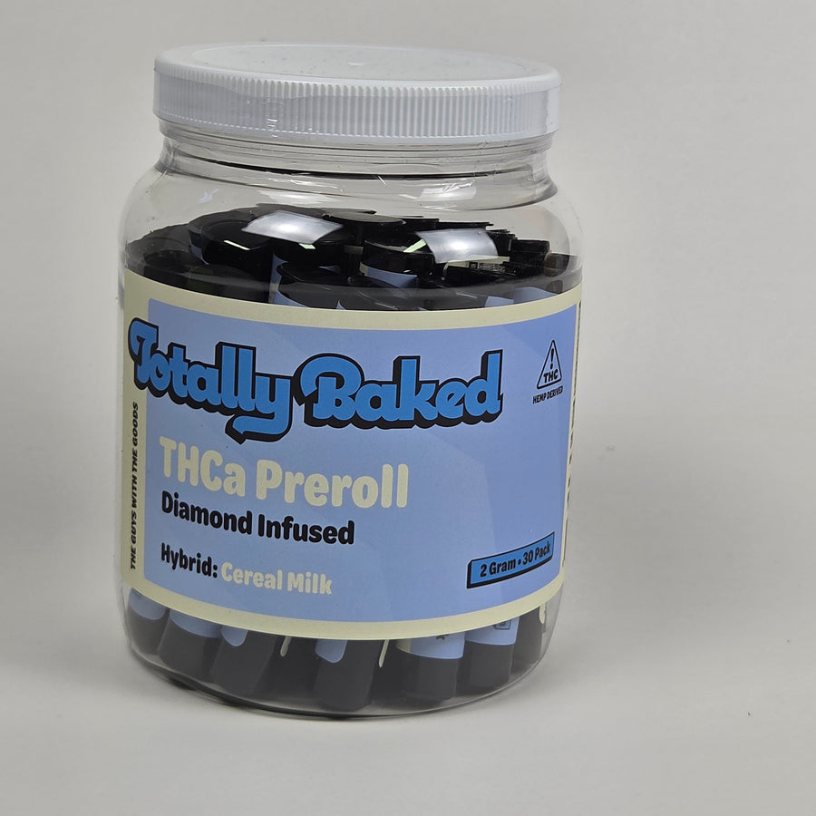 Totally Baked 2g THCa Pre-Roll, Diamond Infused, Cereal Milk — 2 gram, 30-pack display jar