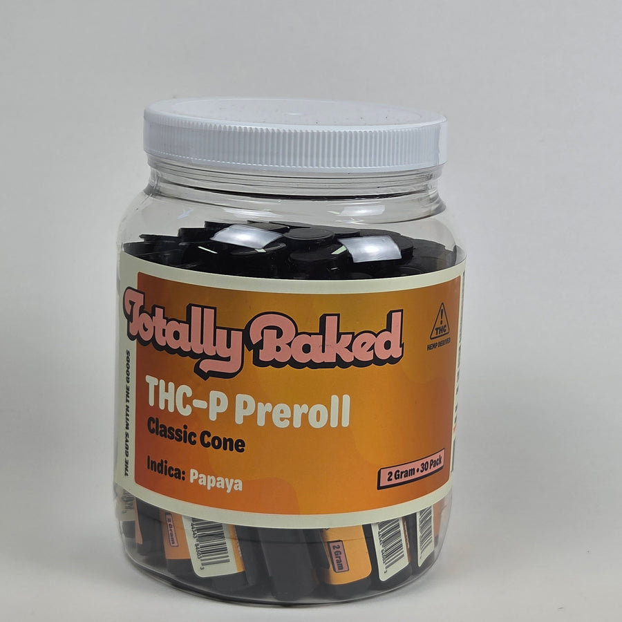Totally Baked 2g THC-P Pre-Roll, Classic Cone, Papaya (indica) — 2 gram, 30-pack display jar