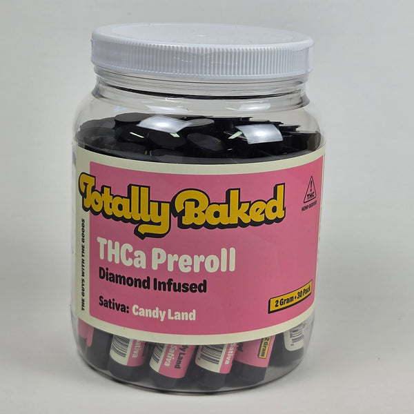 Totally Baked 2g THCa Pre-Roll, Diamond Infused, Candy Land (sativa) — 2 gram, 30-pack display jar