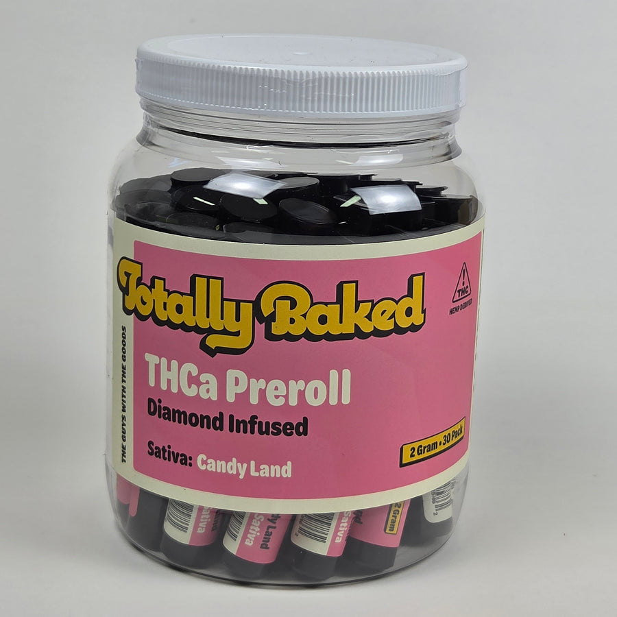 Totally Baked 2g THCa Pre-Roll, Diamond Infused, Candy Land (sativa) — 2 gram, 30-pack display jar