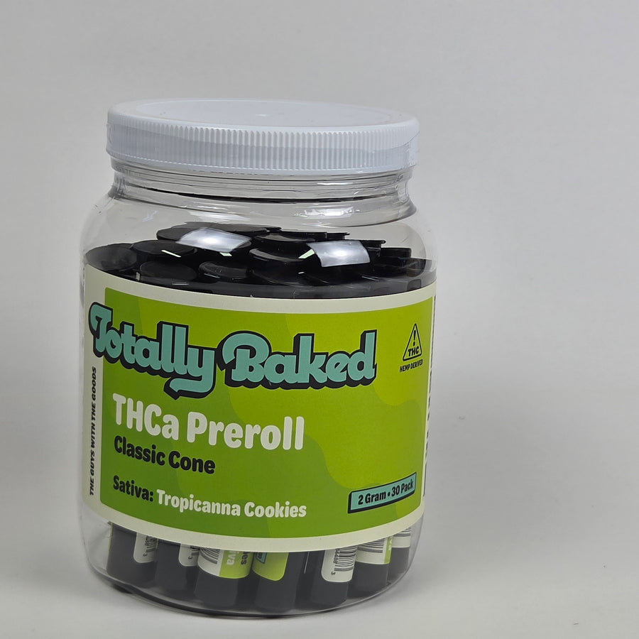 Totally Baked 2g THCa Pre-Roll, Classic Cone, Tropicana Cookies — 2 gram, 30-pack display jar