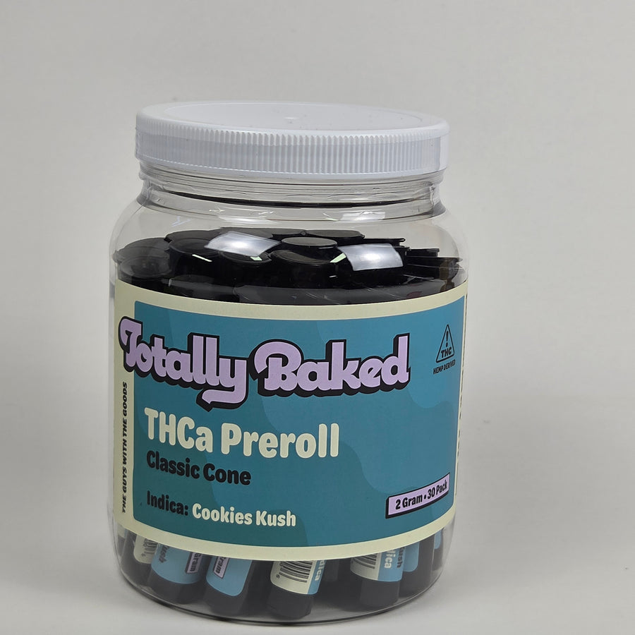 Totally Baked 2g THCa Pre-Roll, Classic Cone, Cookies Kush (indica) — 2 gram, 30-pack display jar