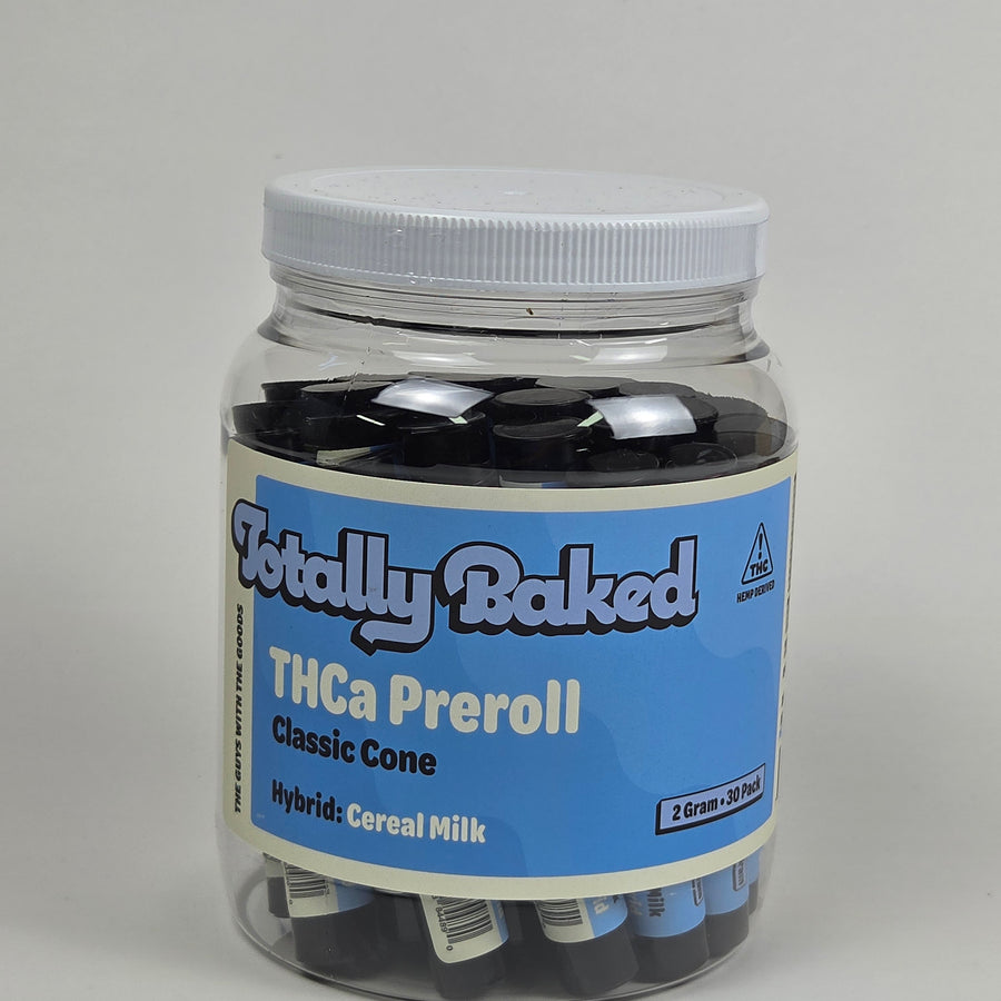 Totally Baked 2g THCa Pre-Roll, Classic Cone, Cereal Milk — 2 gram, 30-pack display jar